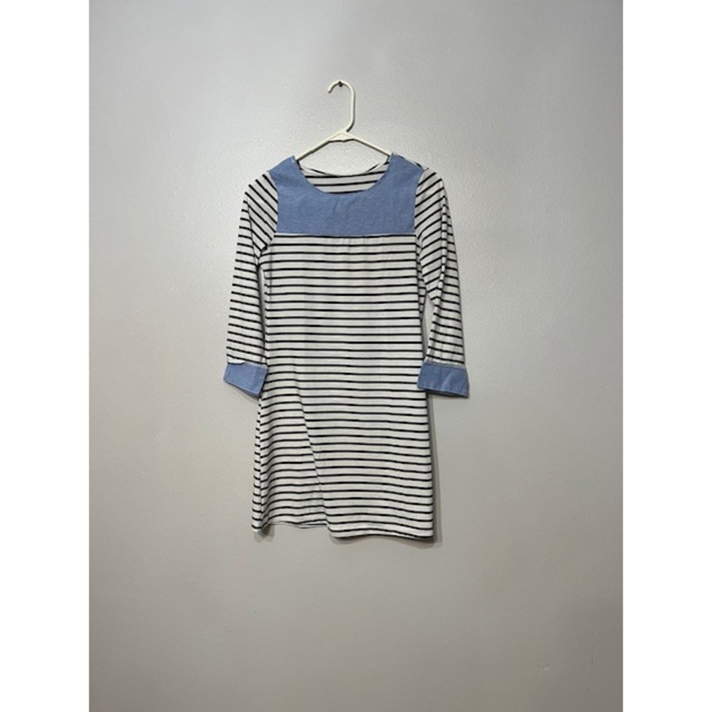 Striped Nautical Shift Dress 3/4 Sleeve Blue Denim Yoke Contrast Black White